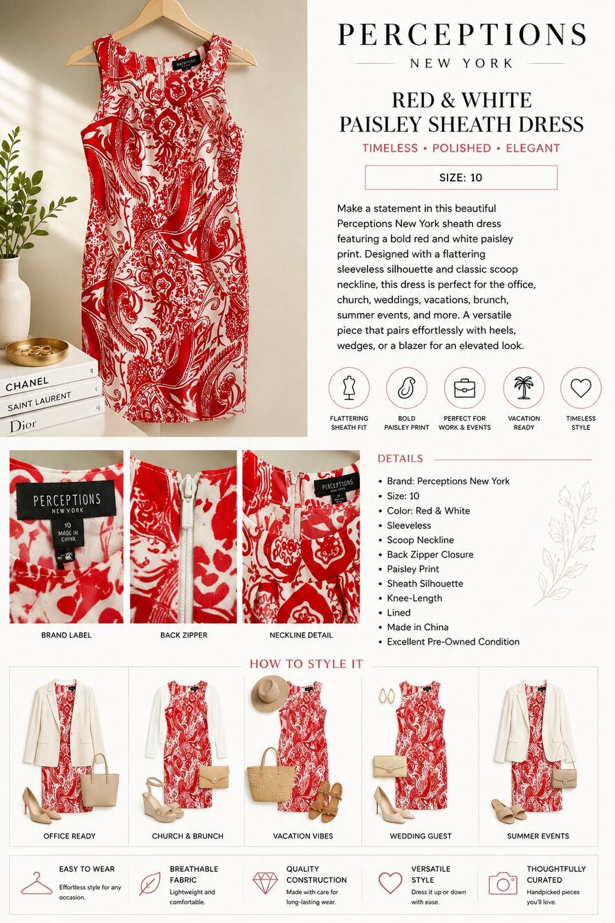 Perceptions New York Red & White Paisley Sheath Dress Women's Size 10 Sleeveless